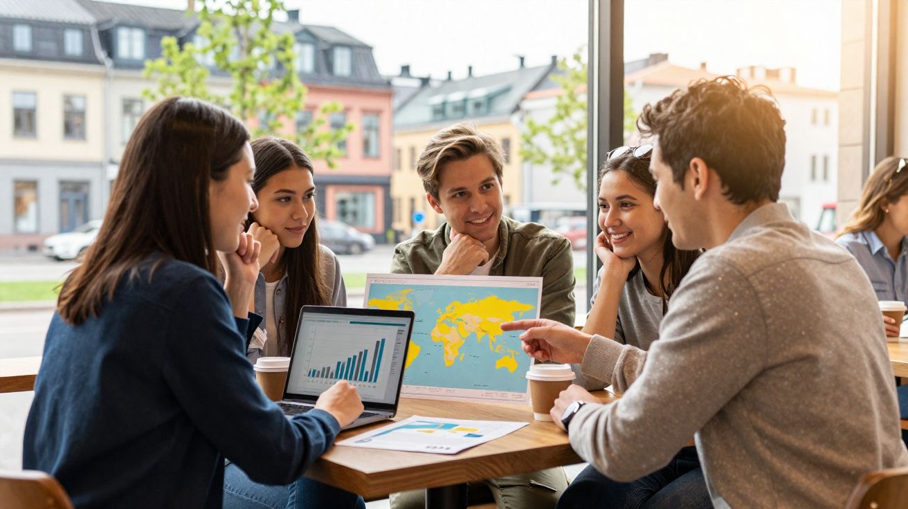 Jovens sentados à mesa em café, discutindo mapas, gráficos e dados num ambiente urbano iluminado.