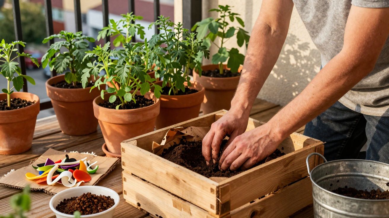 Pessoas a preparar terra para plantar numa caixa de madeira num terraço com vasos de plantas aromáticas.