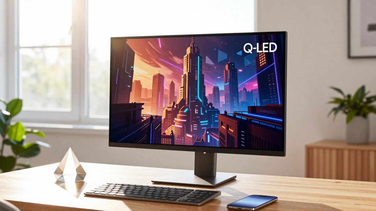 Monitor Q-LED a mostrar cidade futurista colorida, teclado e telemóvel sobre secretária de madeira iluminada.