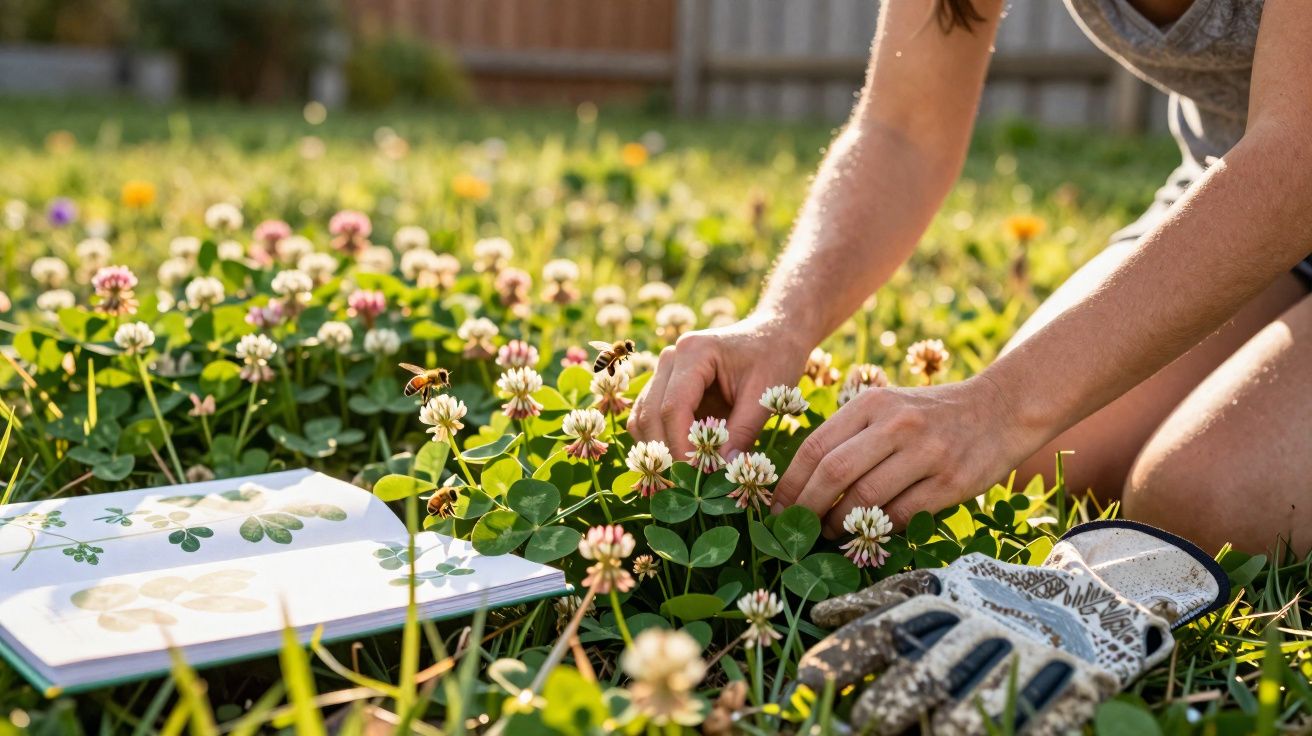 Pessoa a observar flores de trevo na relva com caderno de botânica e luvas de jardinagem ao lado.