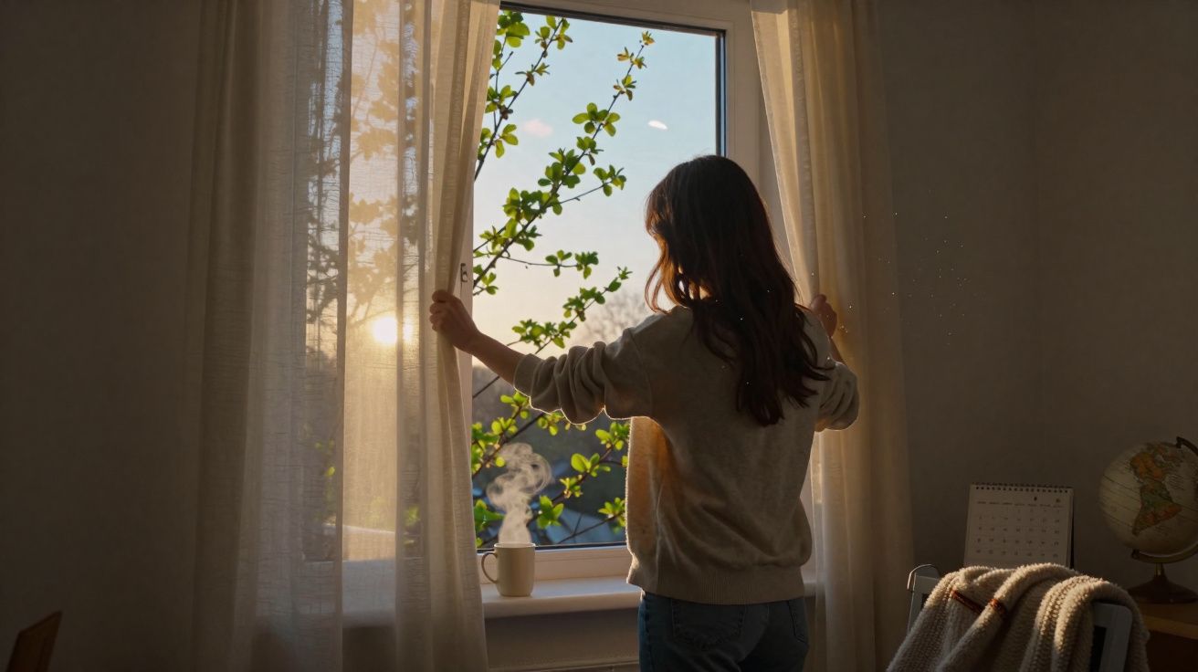 Mulher abre cortinas numa janela ao pôr do sol, com chá quente numa mesa e planta fora da janela.