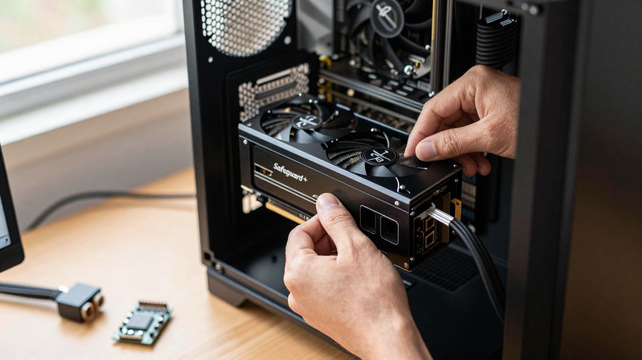 Mãos a instalar uma placa gráfica Safeguard+ dentro de um computador de secretária preto.