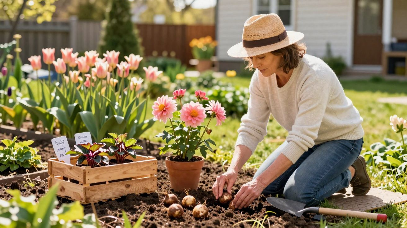Mulher de chapéu a plantar cebolas em jardim com flores em vasos e canteiros durante dia soalheiro.