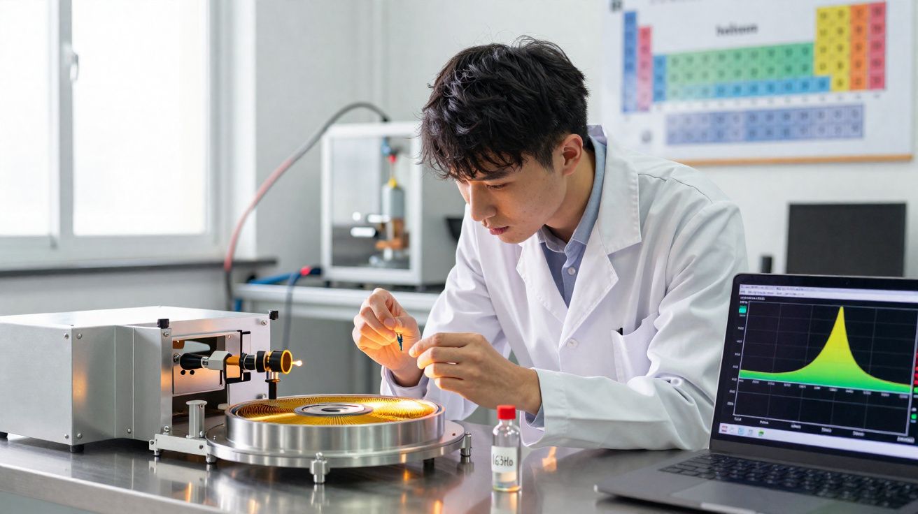 Cientista em bata branca realiza experiência com equipamento de laboratório em mesa metálica.