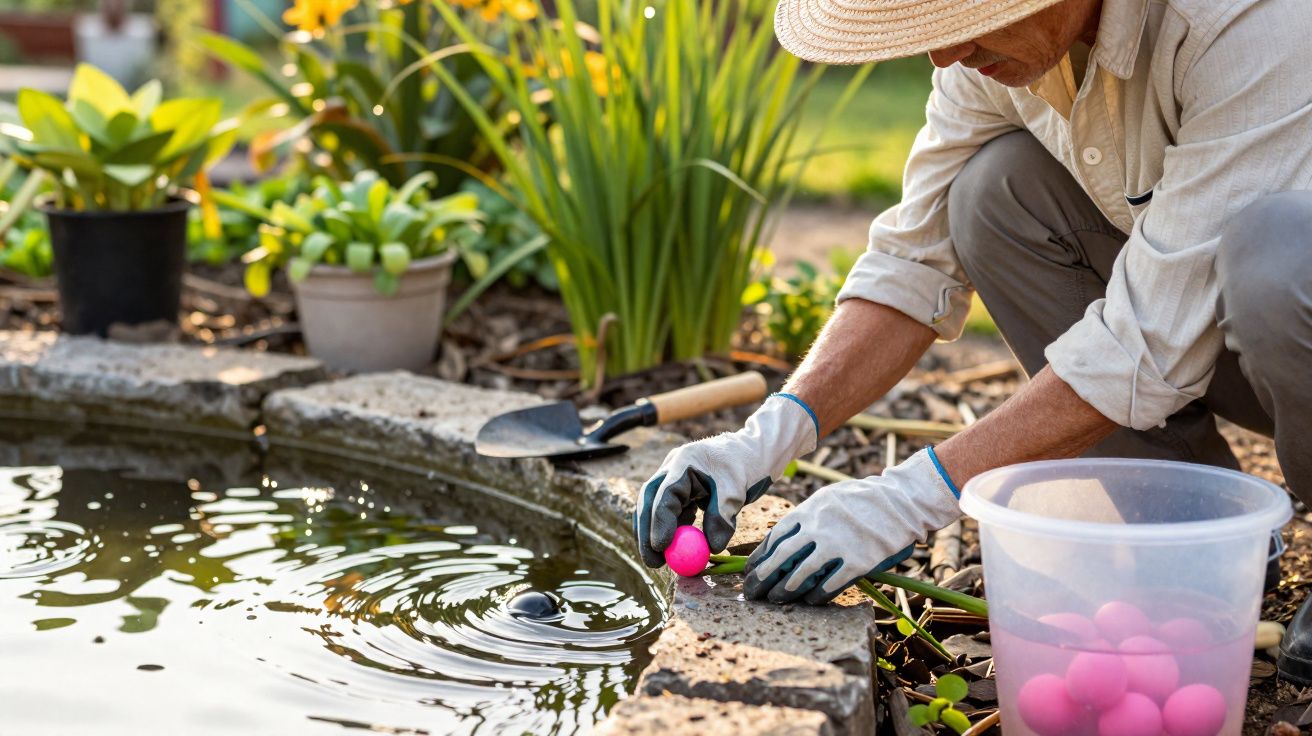 Pessoa com chapéu a colocar ovos coloridos numa lagoa do jardim na Primavera.