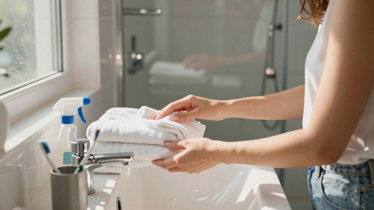 Pessoa a segurando toalhas brancas dobradas sobre uma pia de casa de banho iluminada por luz natural.