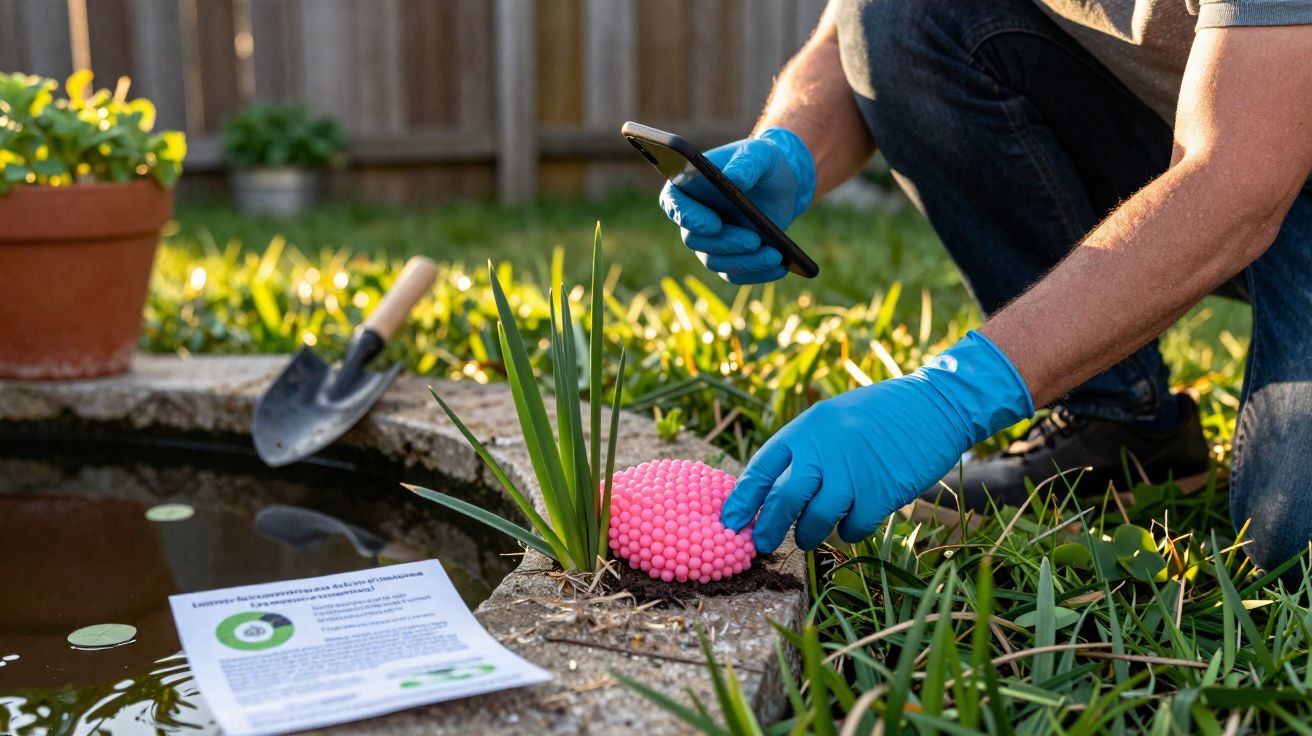 Pessoa com luvas azuis usa telemóvel para documentar objeto rosa perto de lagoa de jardim.