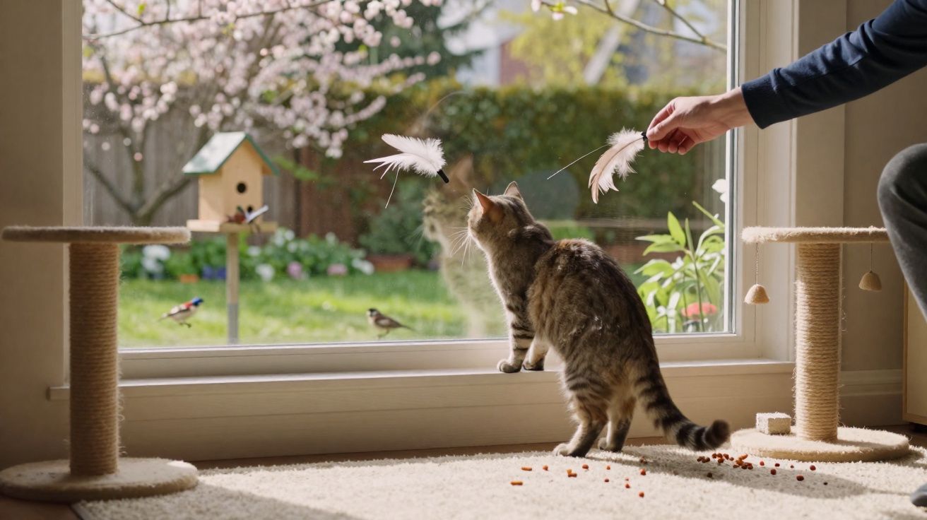 Gato a olhar para pássaros no jardim através da janela, enquanto uma mão mexe penas à sua frente.