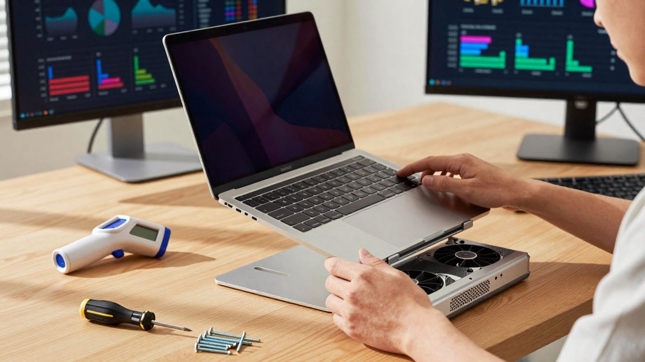 Pessoa a reparar computador portátil num escritório com monitores e ferramentas na mesa.