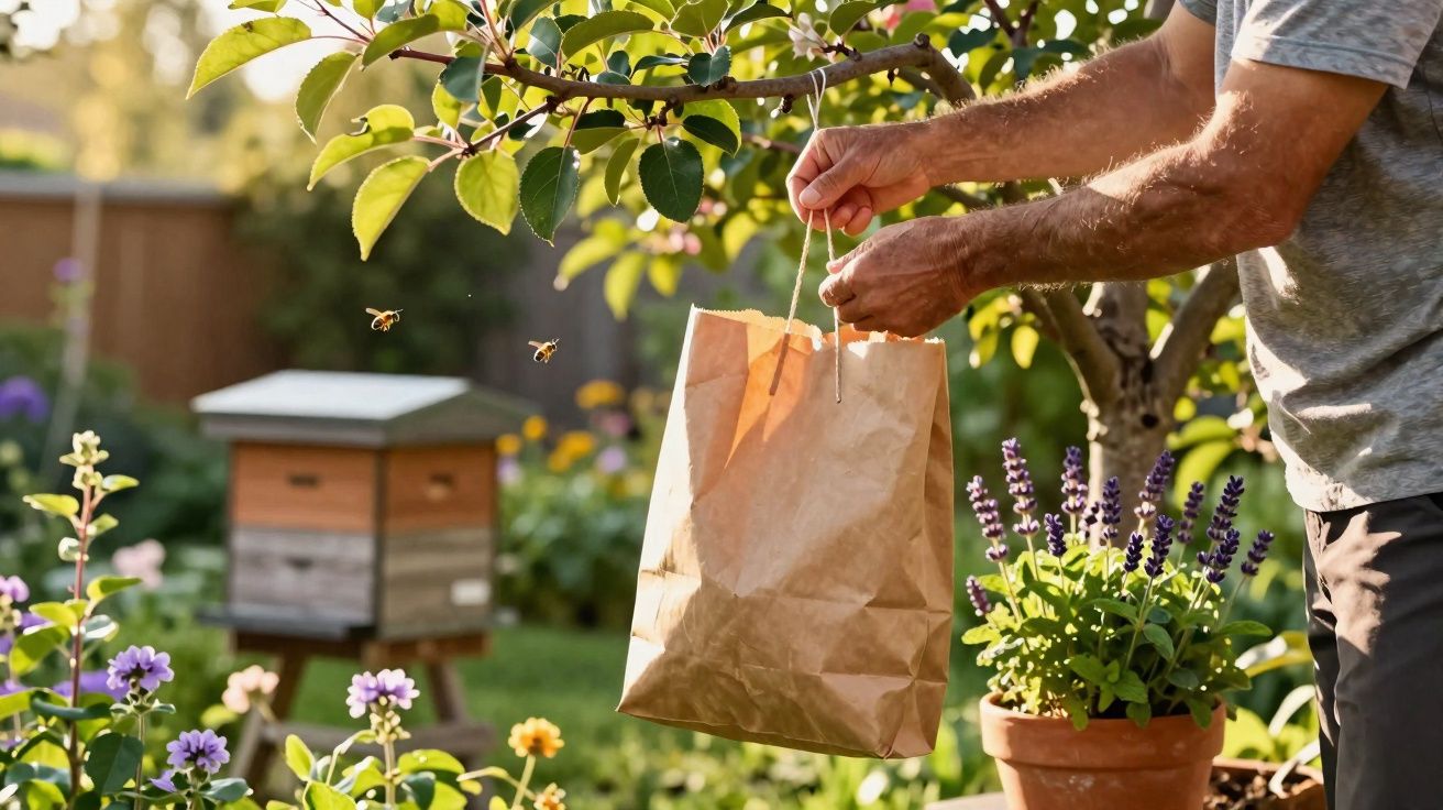 Pessoa a pendurar saco de papel numa árvore num jardim com abelhas e flores ao redor.