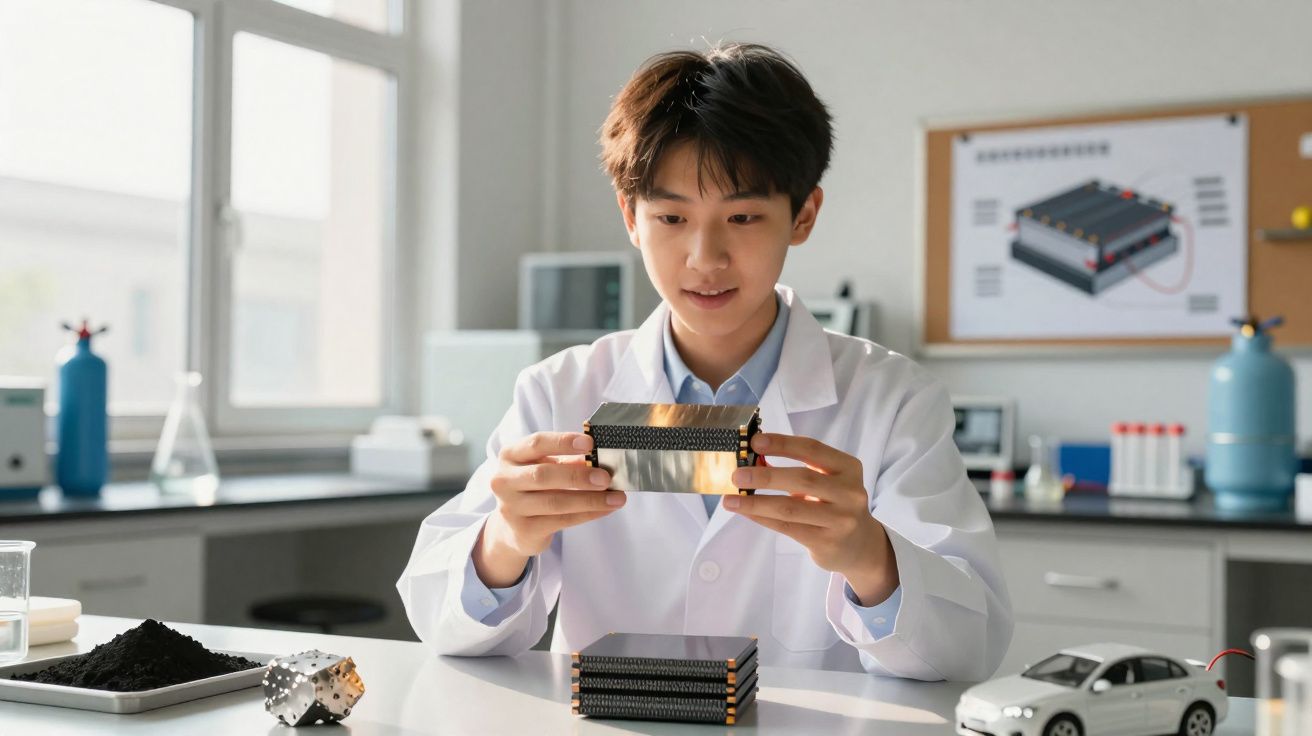 Jovem cientista em bata branca examina conjunto de componentes eletrónicos numa bancada de laboratório.