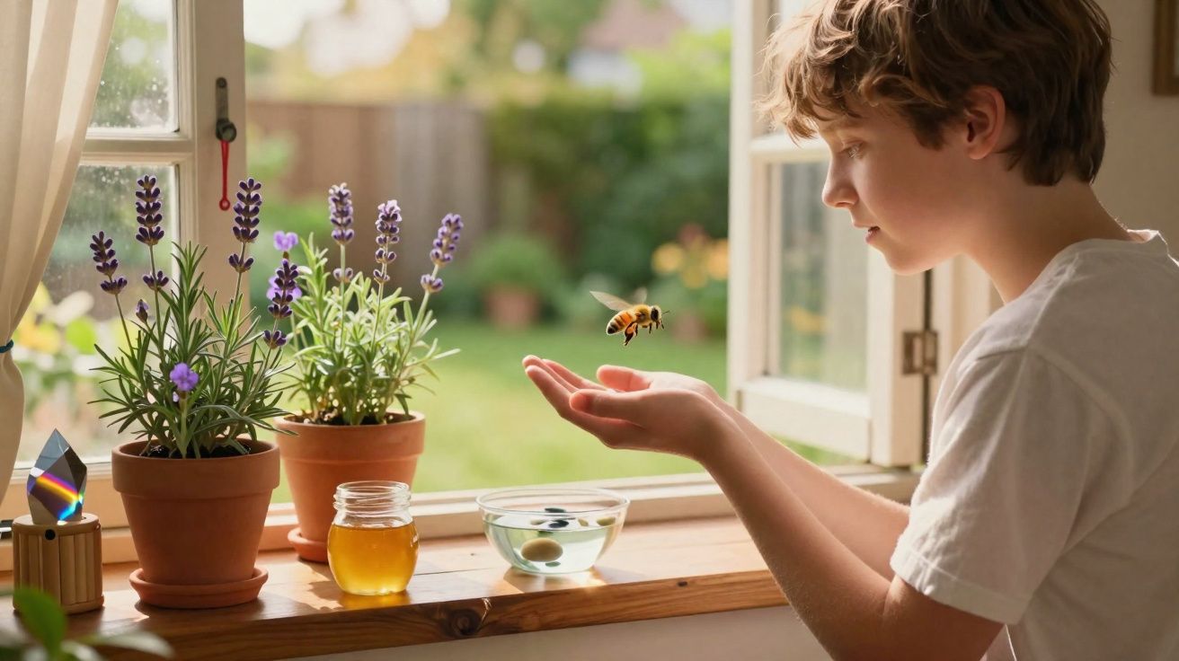 Criança junto a janela aberta observa abelha pousar na mão, com vasos de lavanda e frasco de mel na janela.