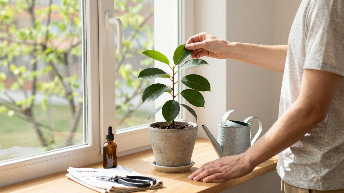 Pessoa a cuidar de planta em vaso numa janela com regador e ferramentas de jardinagem na bancada.