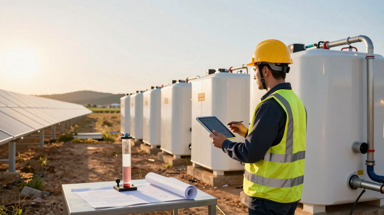 Engenheiro com colete e capacete inspeciona equipamento em central de energia solar ao pôr do sol.