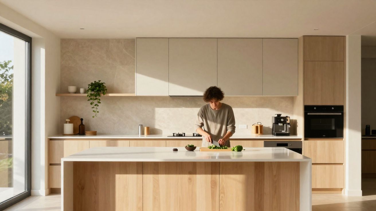 Cozinha moderna com armários claros e ilha central, com pessoa a preparar legumes no centro.