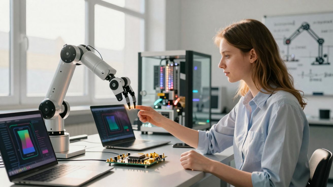 Mulher em laboratório tecnológico interage com braço robótico junto a computadores e placa eletrónica.