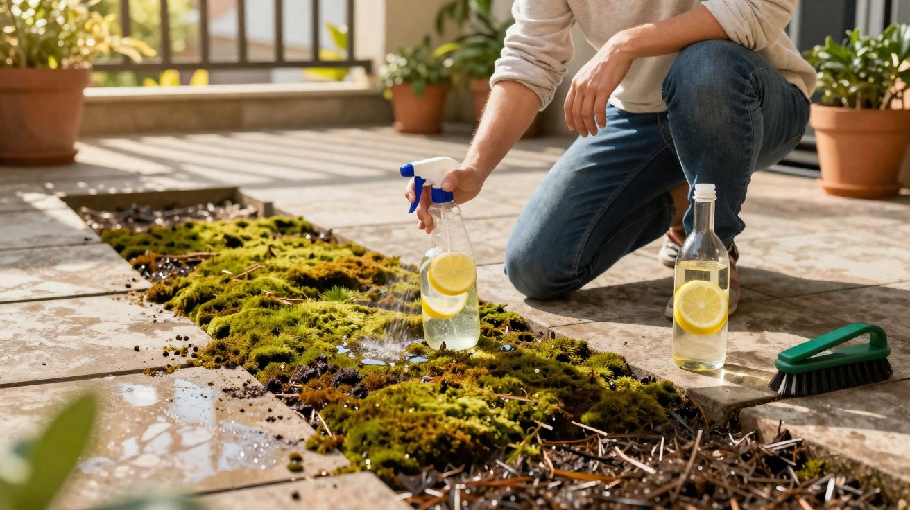 Pessoa a cuidar de musgo num jardim interior, pulverizando água com limão numa garrafa de spray.