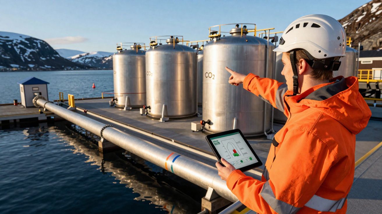 Técnico em equipamento de segurança laranja verifica tanques industriais de CO2 num porto junto a águas e montanhas.