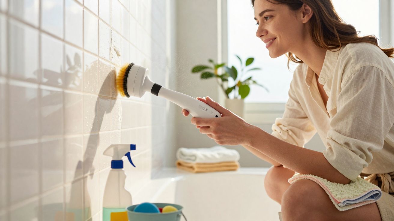 Mulher sorridente usa escova elétrica para limpar azulejos numa casa de banho iluminada.