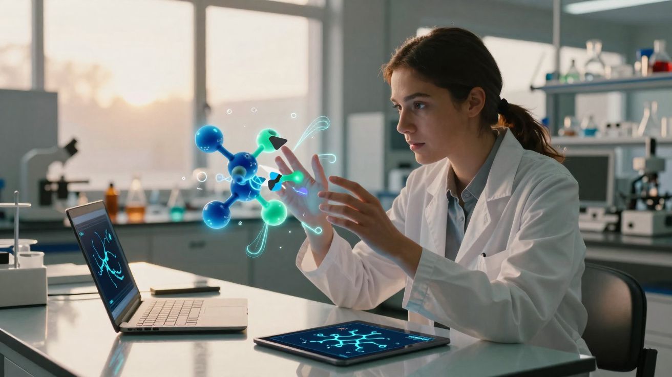 Cientista no laboratório interage com modelo 3D holográfico de molécula em ambiente tecnológico.