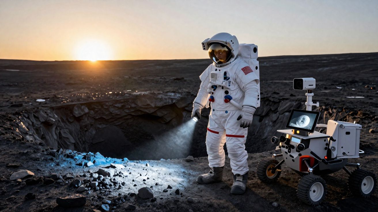 Astronauta com fato espacial e rover explora crateras num terreno lunar ao pôr do sol.