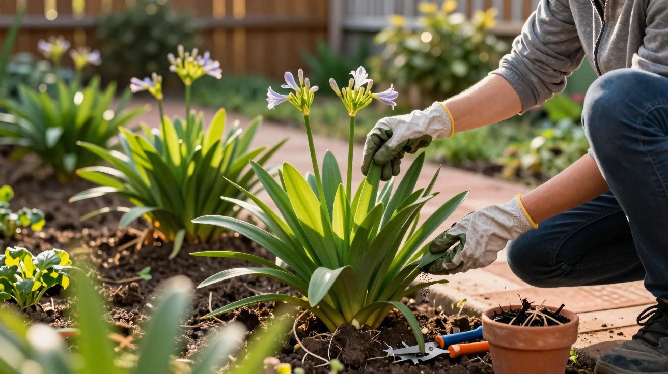 Pessoa a cuidar de planta com luvas num jardim ensolarado, com ferramentas e vaso ao lado.