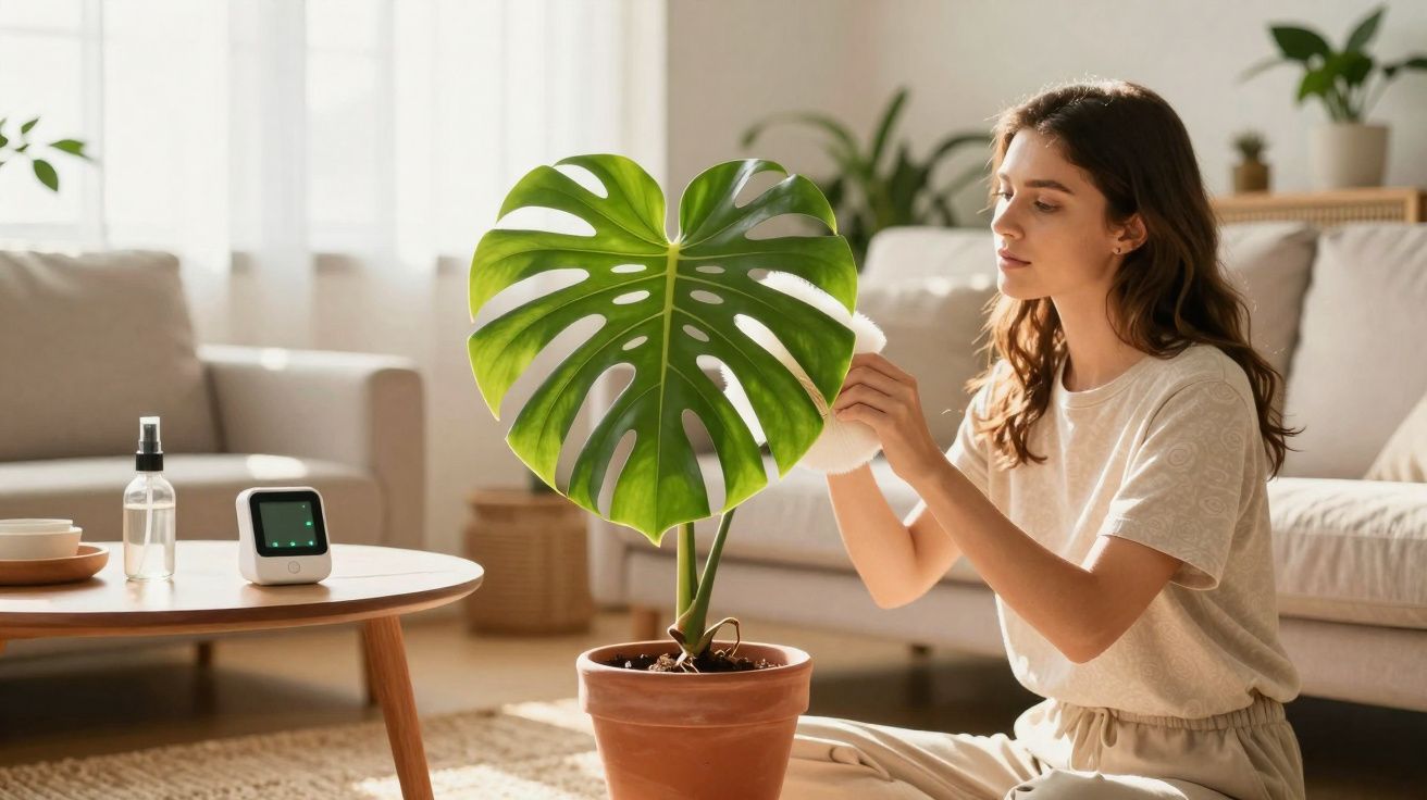 Mulher a cuidar de planta Monstera num vaso no chão de uma sala luminosa e acolhedora.