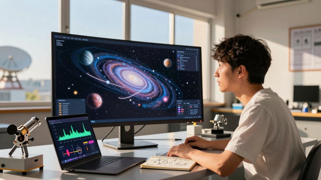Jovem a analisar dados astronómicos num monitor grande com um portátil e caderno numa mesa de escritório.