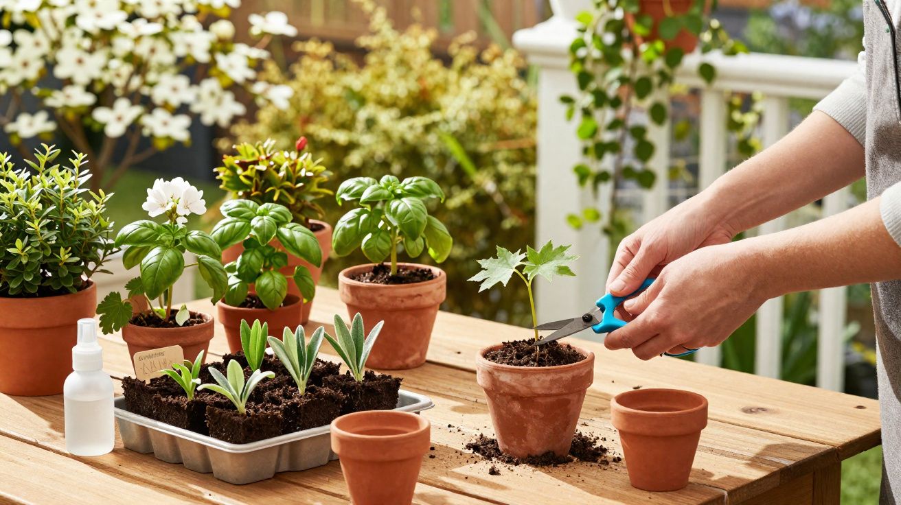 Pessoa a cuidar de plantas em vasos de barro numa varanda ensolarada, com tesoura na mão.