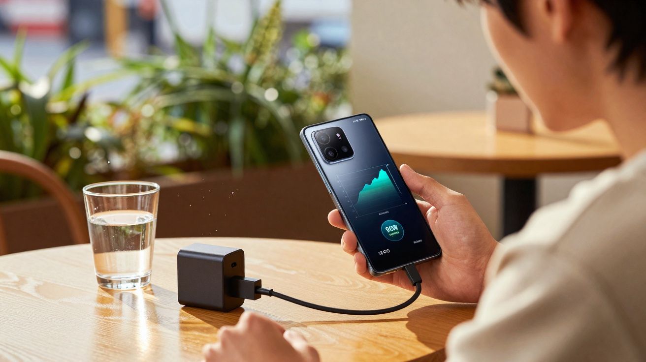 Pessoa a segurar telemóvel com gráfico no ecrã, a carregar ligado a carregador numa mesa com copo de água.