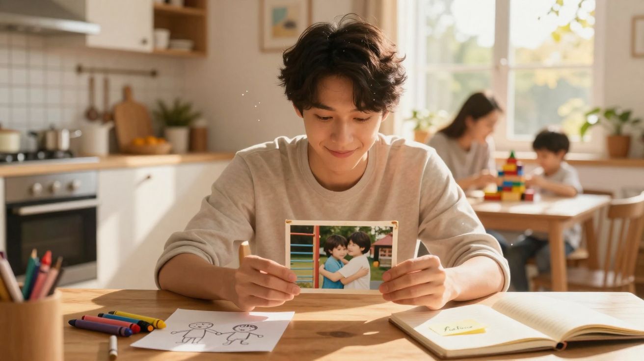 Jovem sentado à mesa da cozinha a olhar com sorriso para uma fotografia de duas crianças abraçadas.