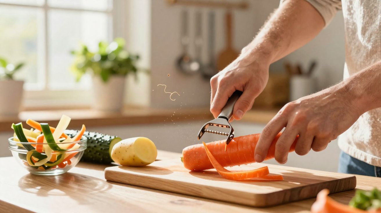 Pessoa a descascar uma cenoura com um descascador, com batata, pepino e legumes numa cozinha iluminada.