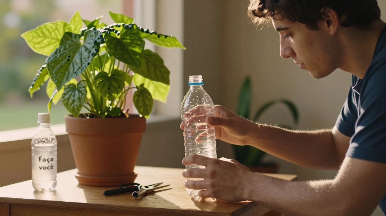 Homem sentado a segurar garrafa de água junto a mesa com vaso de planta e garrafa com frase "faça você" em ambiente iluminado