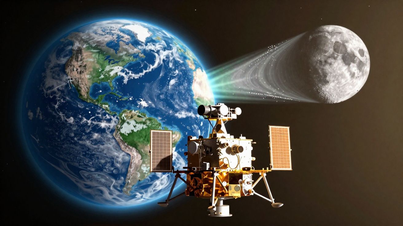 Espaçonave entre a Terra e a Lua, emitindo luz em direção ao satélite natural, no espaço escuro.