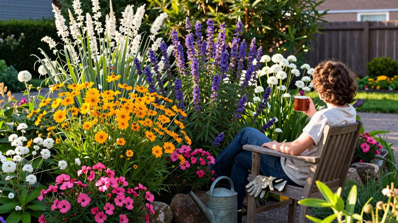 Pessoa sentada numa cadeira de jardim a beber chá, rodeada por várias flores coloridas.