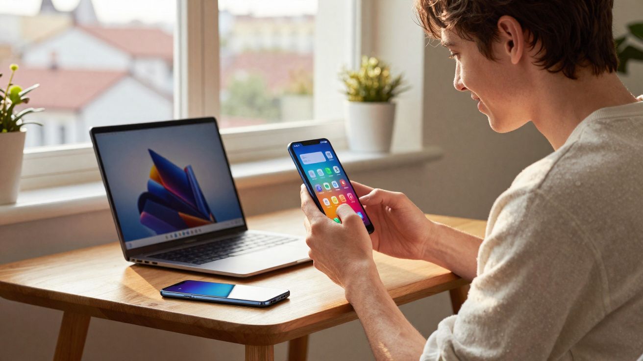 Pessoa a usar smartphone junto a portátil e outro telemóvel numa mesa perto da janela com plantas.