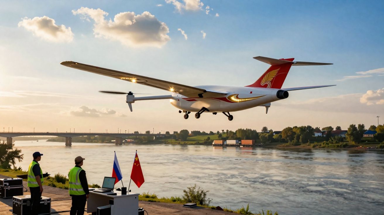 Drone de asa fixa a sobrevoar rio durante ensaio com operadores junto a bandeiras da Rússia e China.