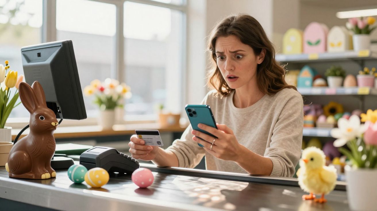 Mulher surpreendida a tentar pagar com cartão e telemóvel numa loja decorada com ovos e coelhos de Páscoa.