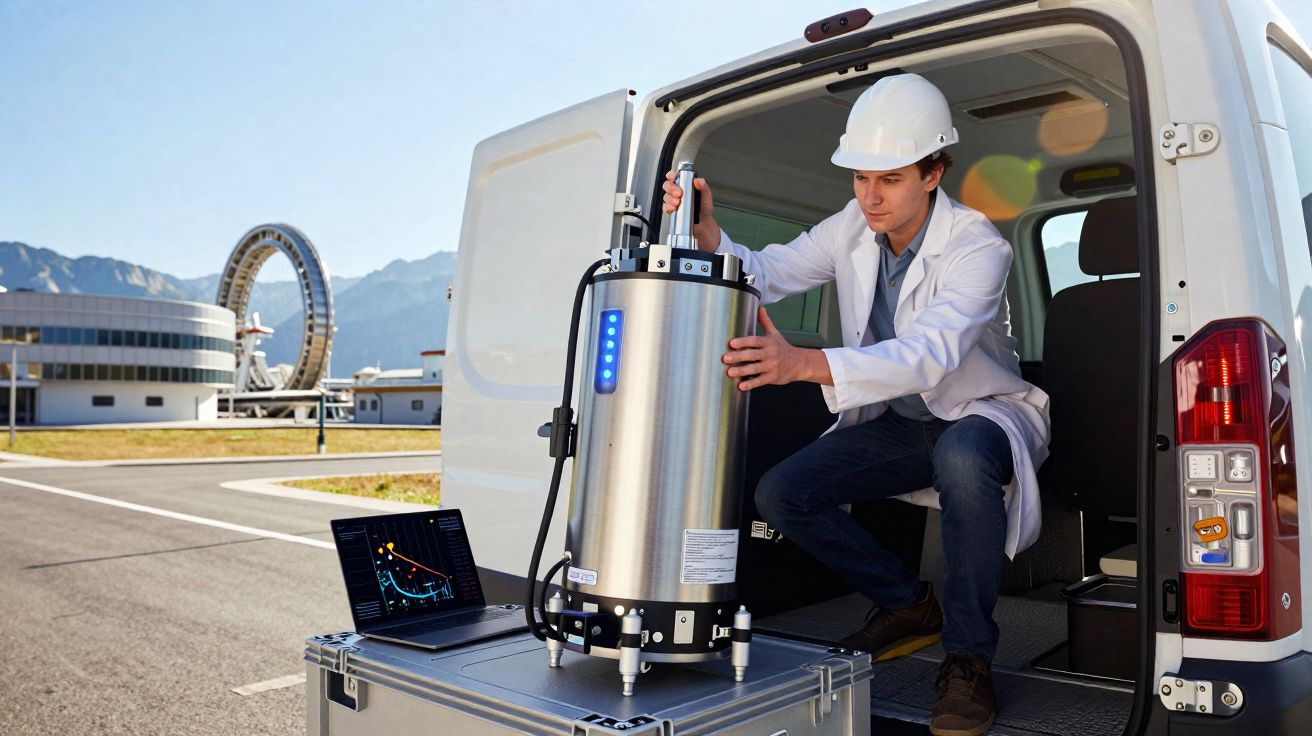 Técnico com capacete a manusear equipamento científico metálico junto a carrinha branca e computador portátil.