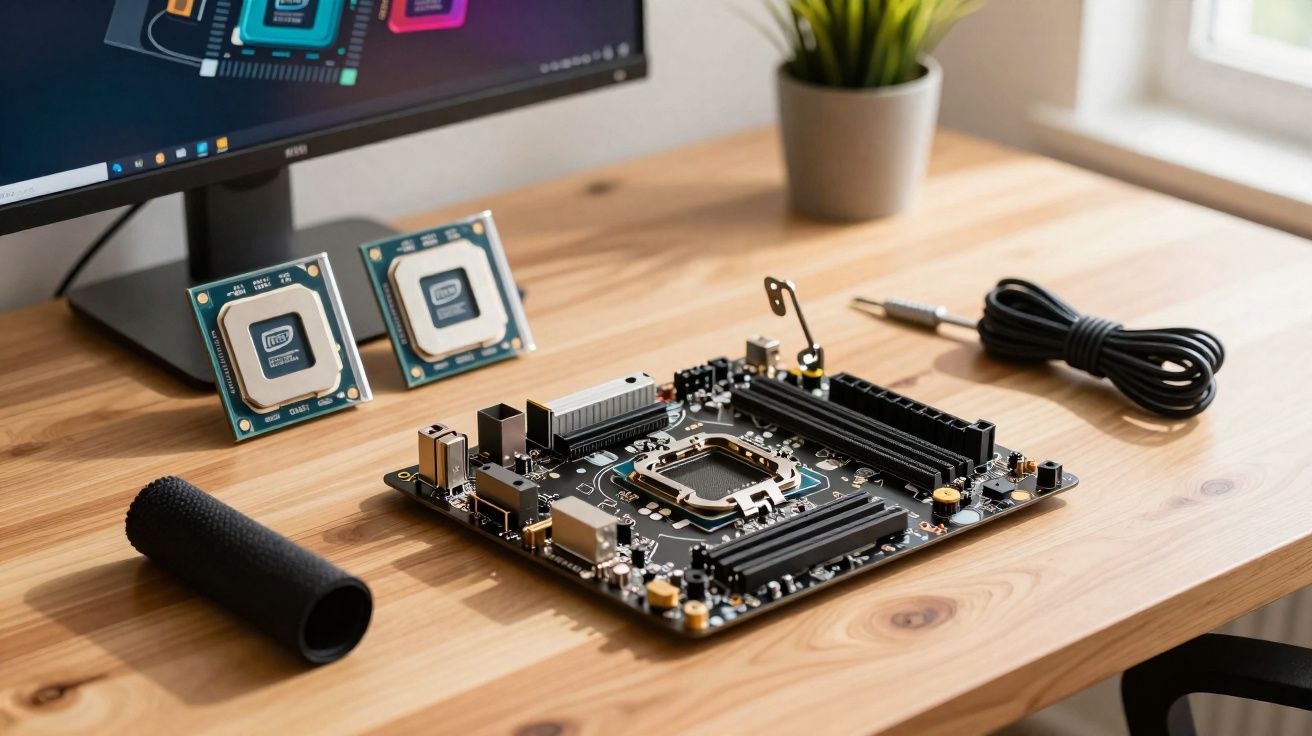 Placa-mãe, processadores Intel, cabo e acessórios numa secretária de madeira junto a monitor e planta.