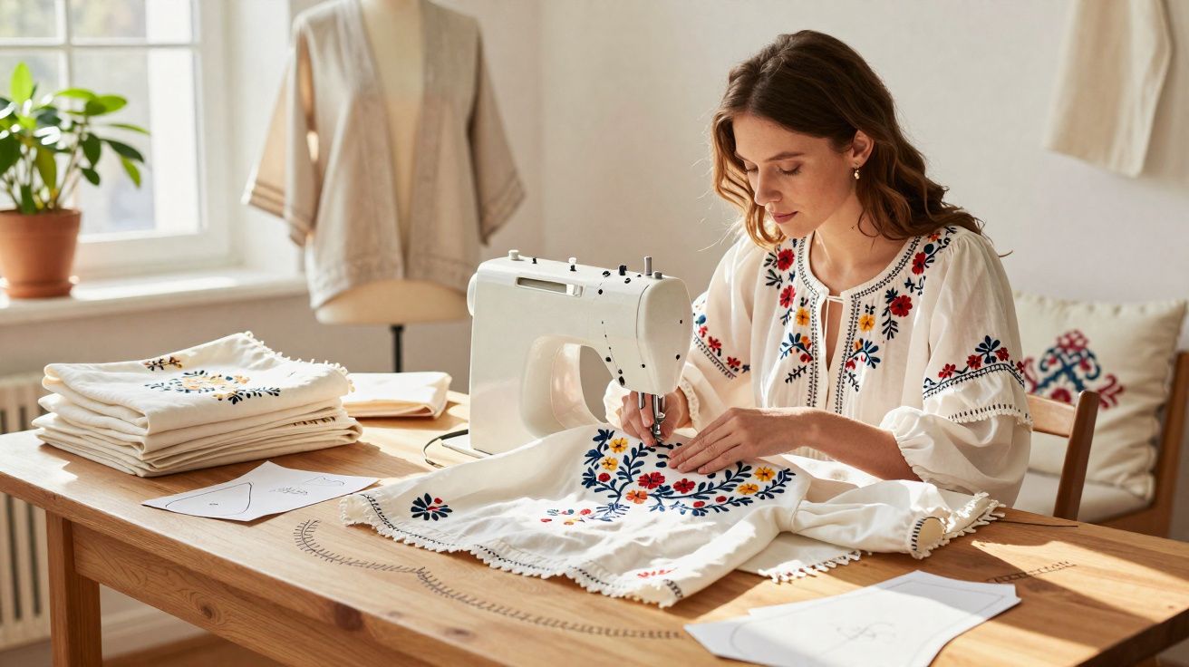 Mulher costura roupa branca com bordados coloridos numa máquina de costura numa sala iluminada.