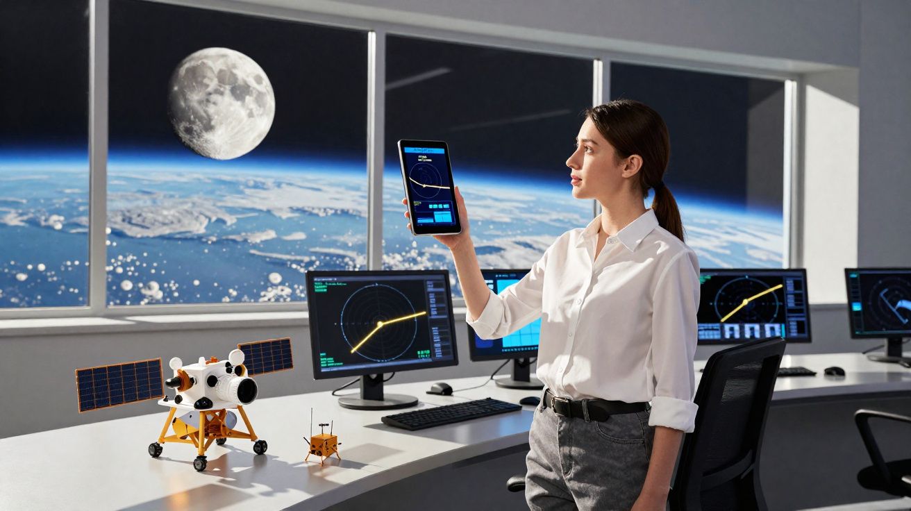 Mulher em centro de controlo espacial segura tablet com vista da Terra e Lua através da janela.