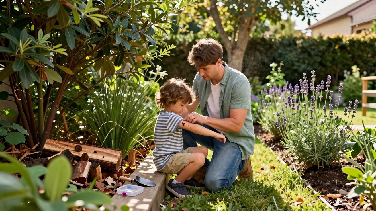 Pai a tratar de ferida no braço do filho num jardim ensolarado, rodeados de plantas e flores.