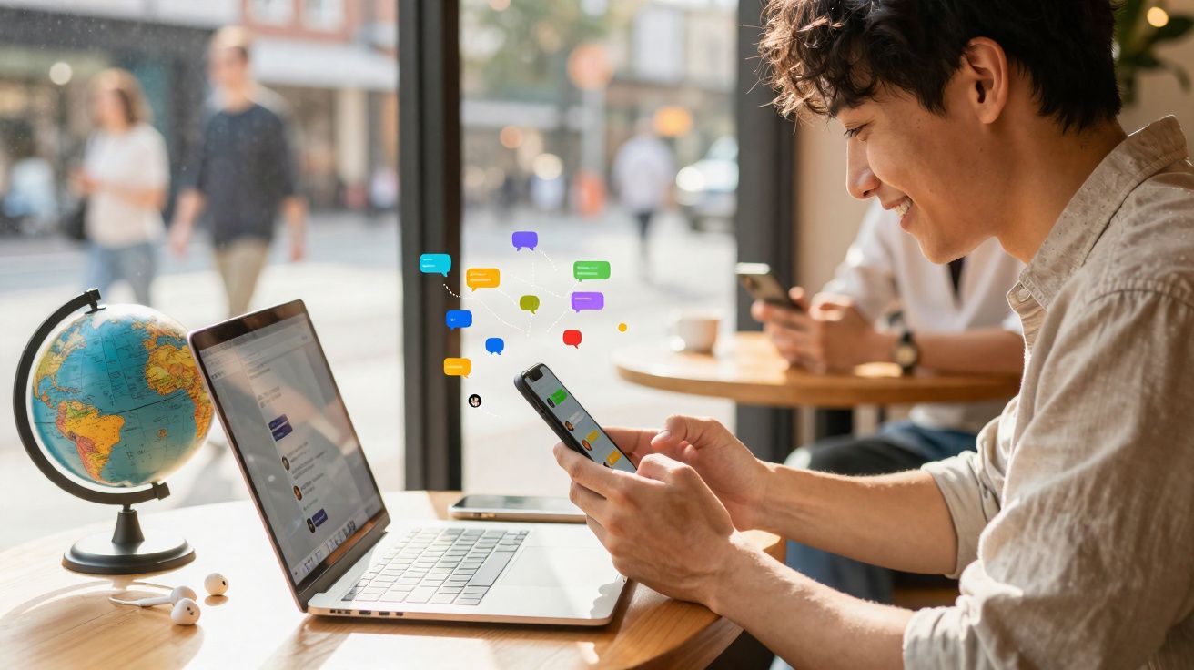 Homem sorridente a usar telemóvel e computador portátil numa mesa com globo terrestre num café iluminado.