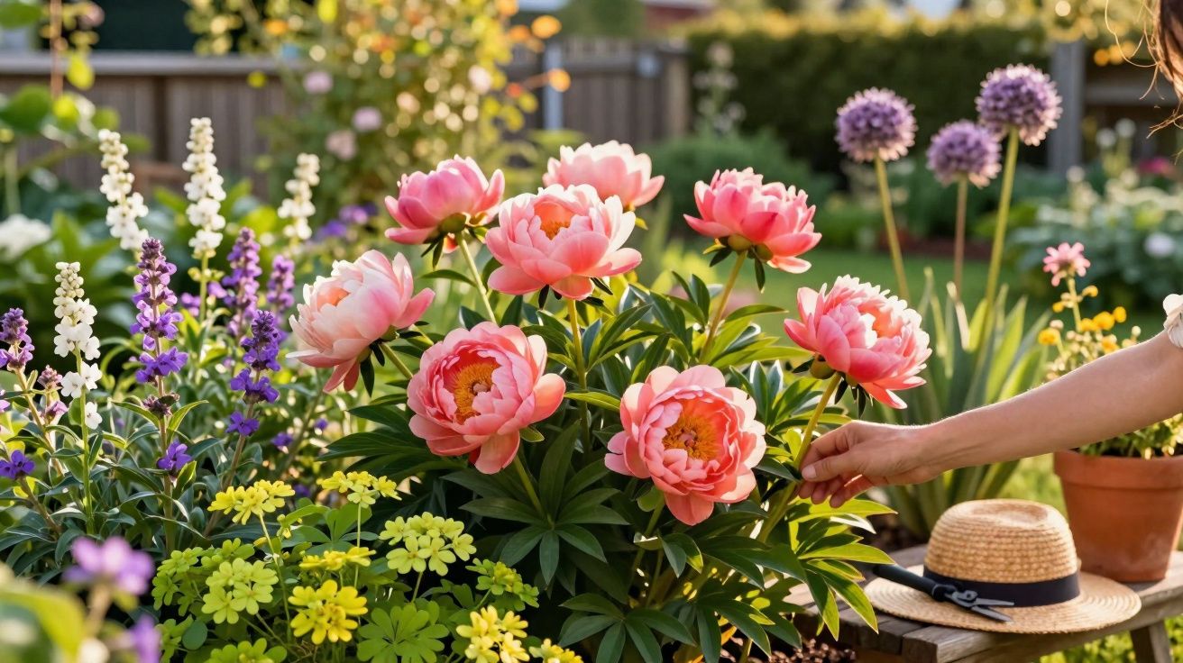 Flores coloridas num jardim com uma mão a tocar flores cor de rosa e um chapéu de palha numa mesa.