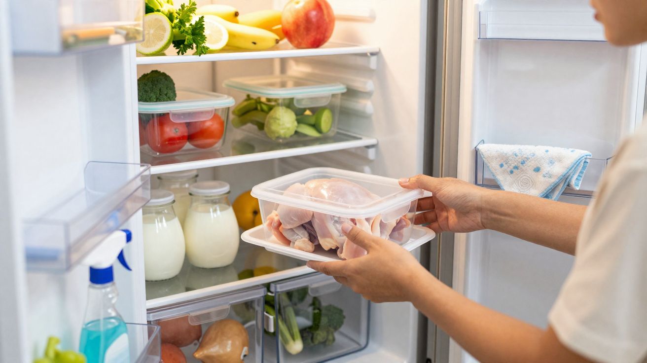 Pessoa a guardar frango cru em recipiente plástico dentro de frigorífico com frutas e legumes.