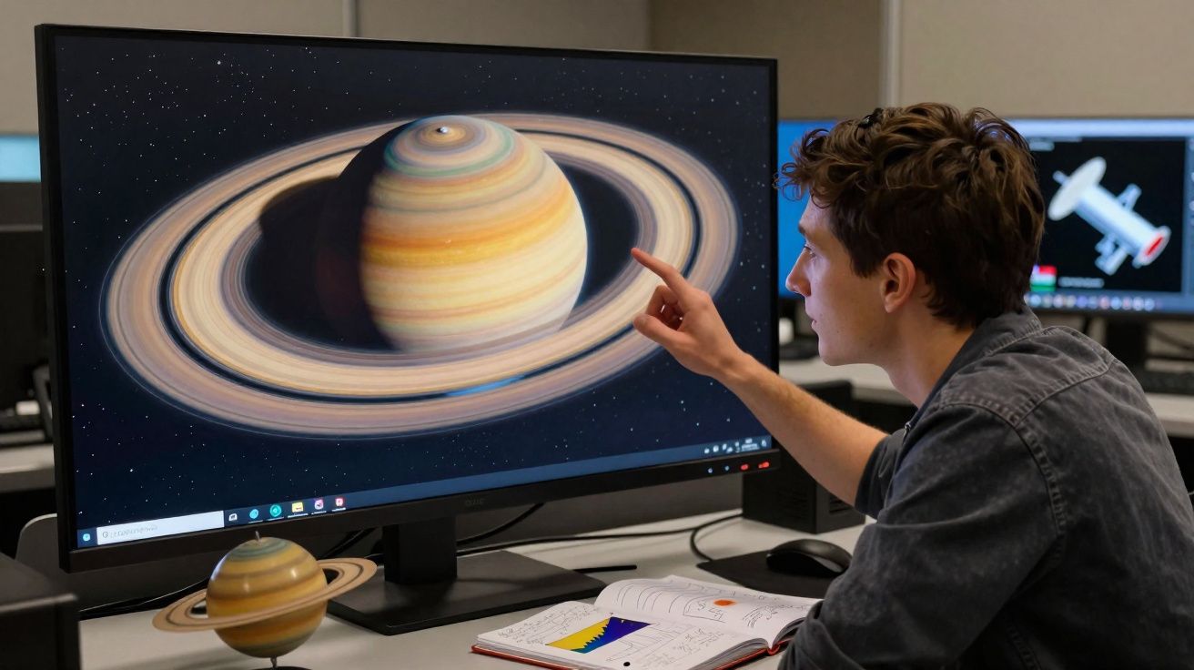 Homem aponta para imagem digital de Saturno no ecrã de computador numa mesa com modelo físico e caderno aberto.