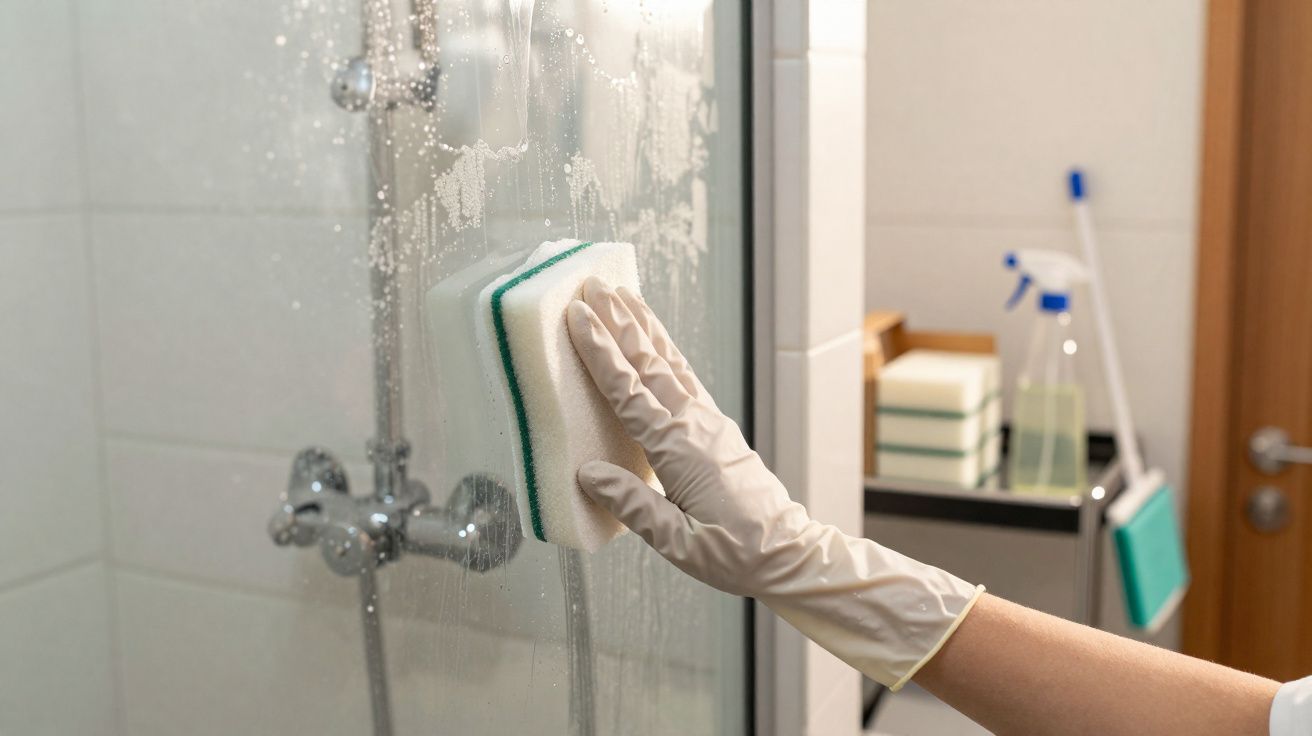 Pessoa a limpar vidro de uma cabine de duche com esponja e luva branca, ambiente de casa de banho.