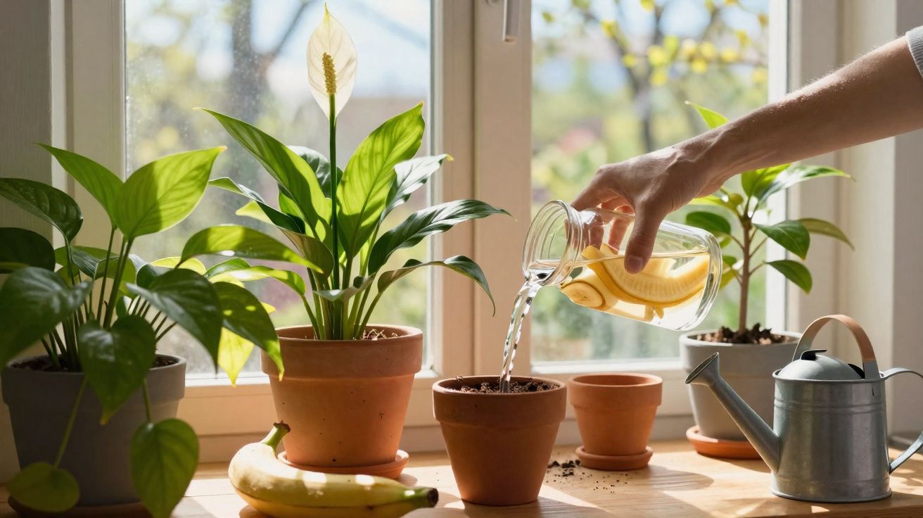 Mão a regar planta em vaso de barro em janela com luz natural e bananas na mesa de madeira.