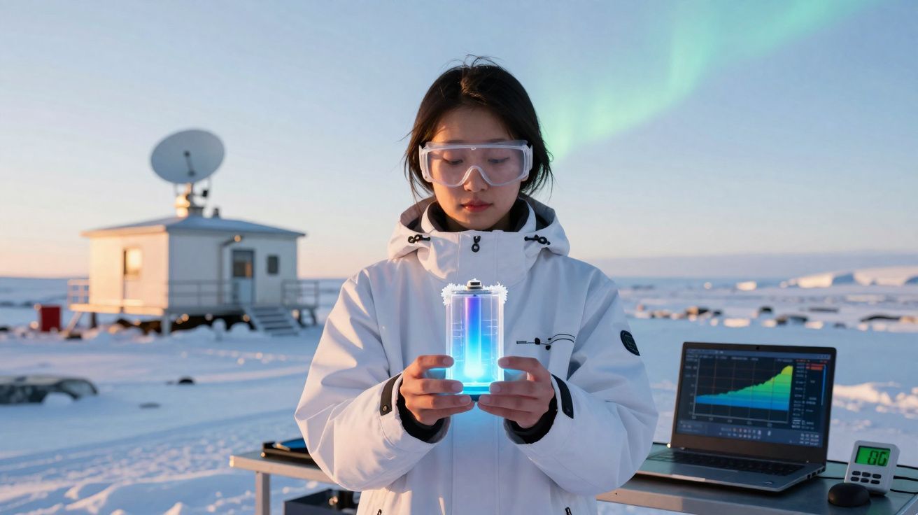 Mulher com óculos de proteção segura bateria iluminada num cenário nevado com computador e aurora boreal ao fundo.